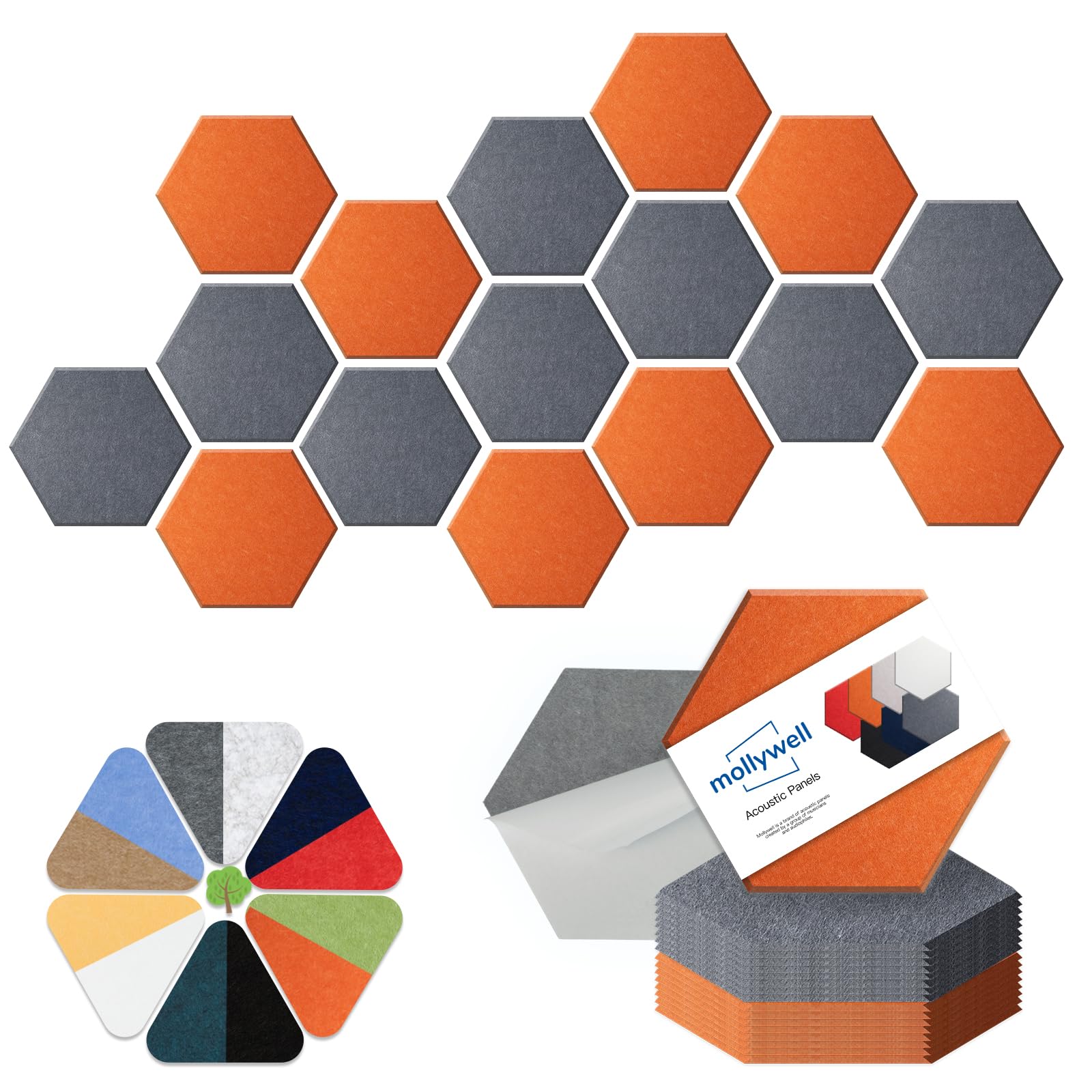 Mollywell Hexagon Acoustic Panels, High Density, Soundproofing, Decorative Noise Reduction Felt Wall Tiles For Ceilings, Home Of